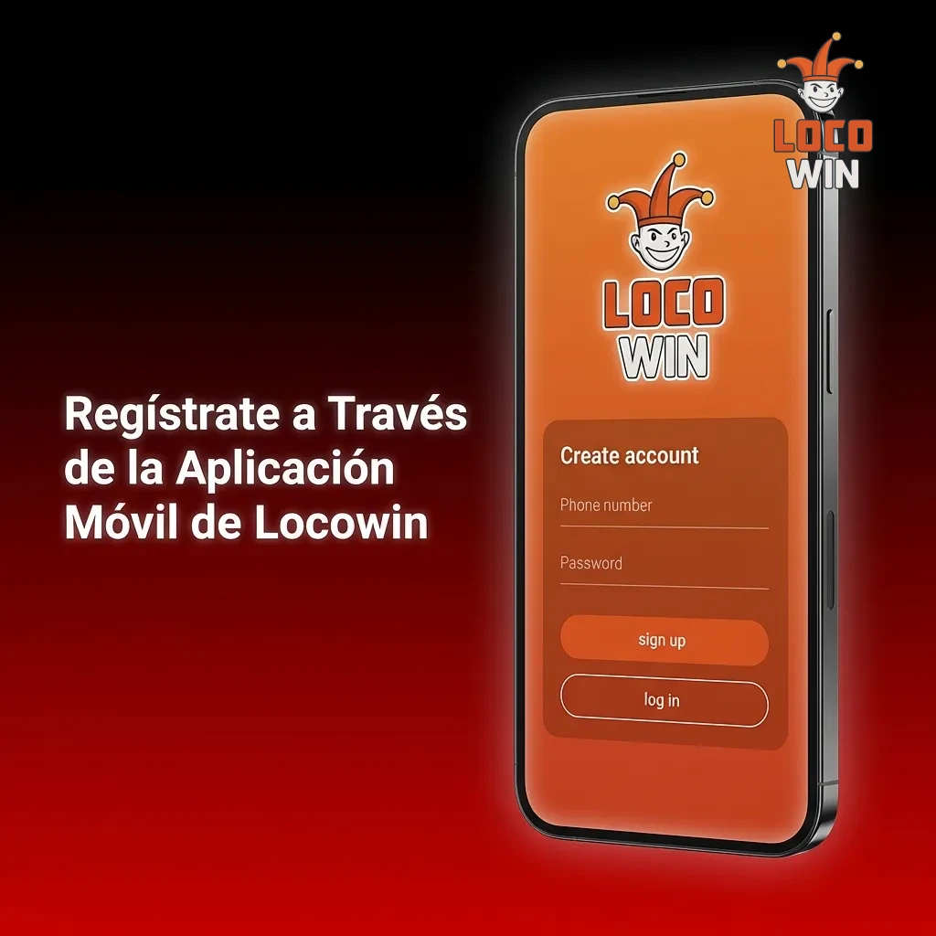 Smartphone displaying Locowin mobile app registration screen with sign-up form and download options